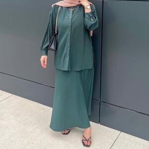 FARES Emerald Green Matching Button Down Shirt Flowy Maxi Skirt Set